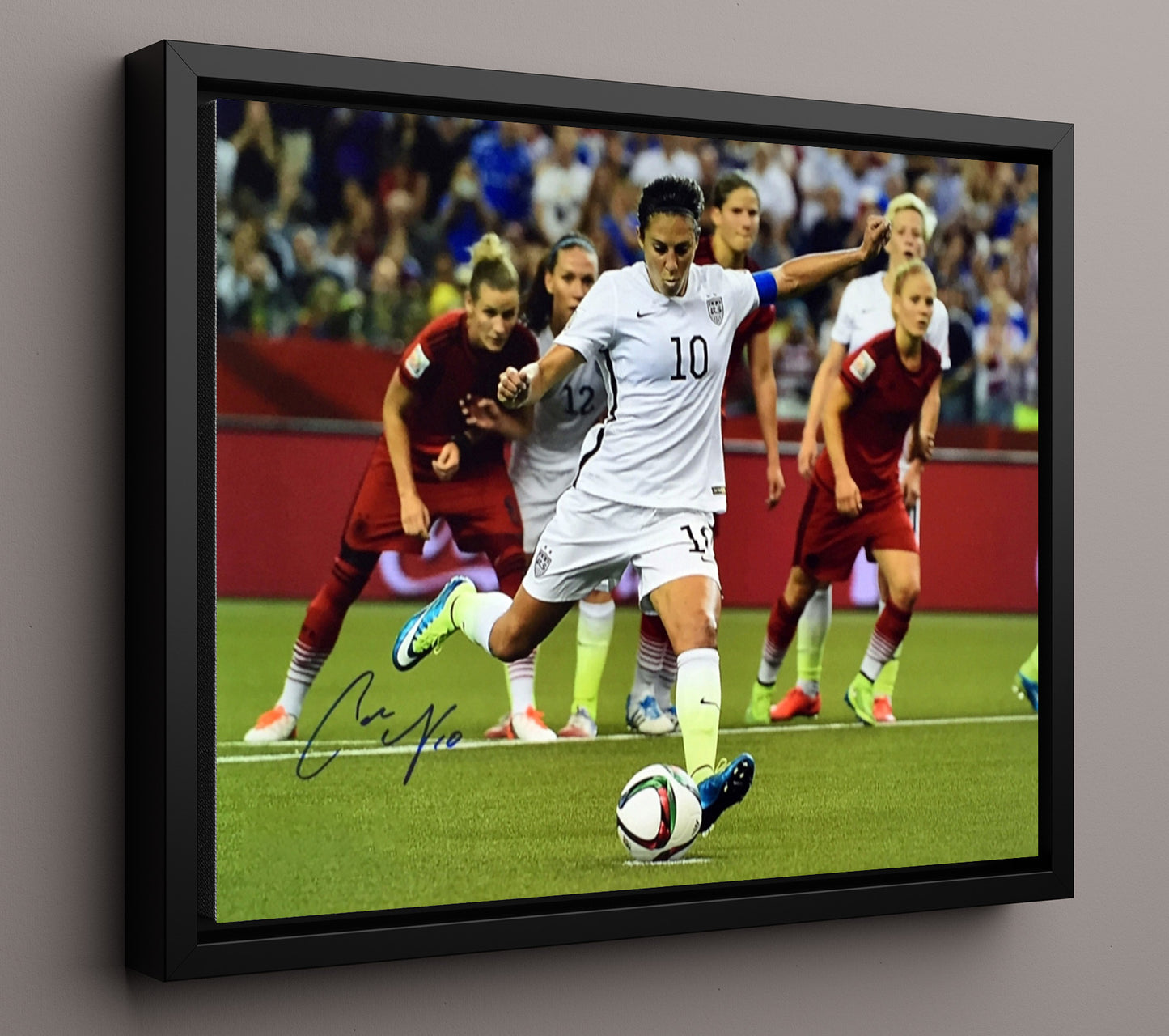 Carli Lloyd USA Powerful Strike World Cup Match Action Soccer Print 16x20 Framed Canvas soccer wall art print – Soccer Prints decor