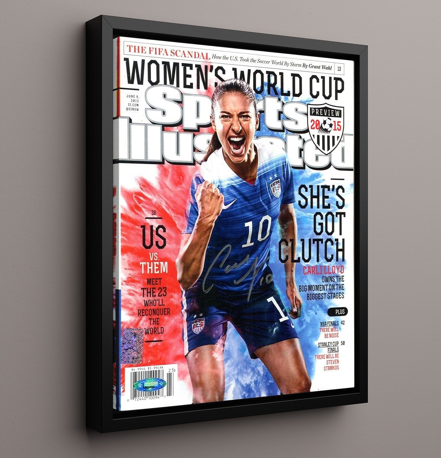 Carli Lloyd USA Shes Got Clutch SI Cover 2015 Soccer Print 16x20 Framed Canvas soccer wall art print – Soccer Prints decor