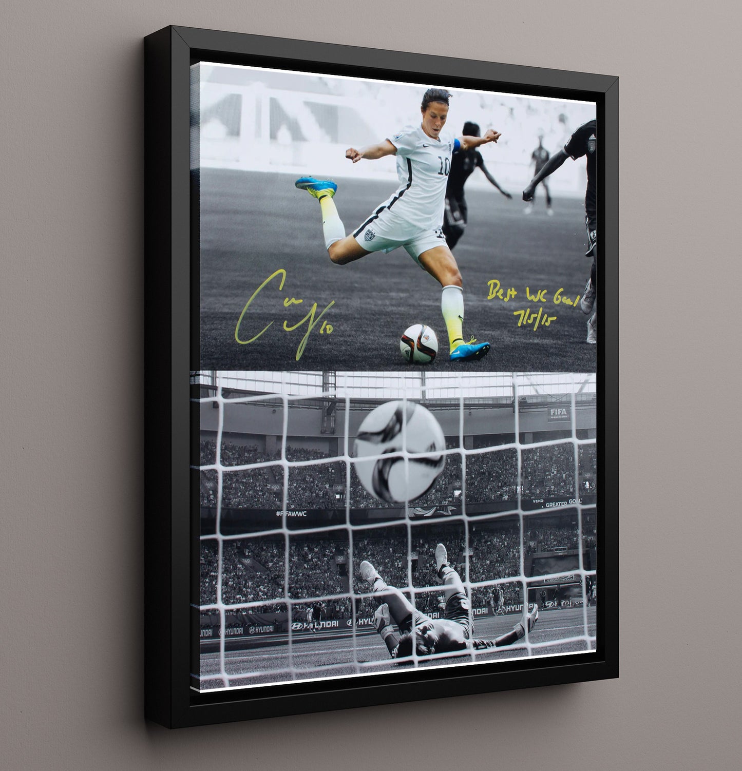 Carli Lloyd USA World Cup Final Goal Strike 2015 Soccer Print 16x20 Framed Canvas soccer wall art print – Soccer Prints decor