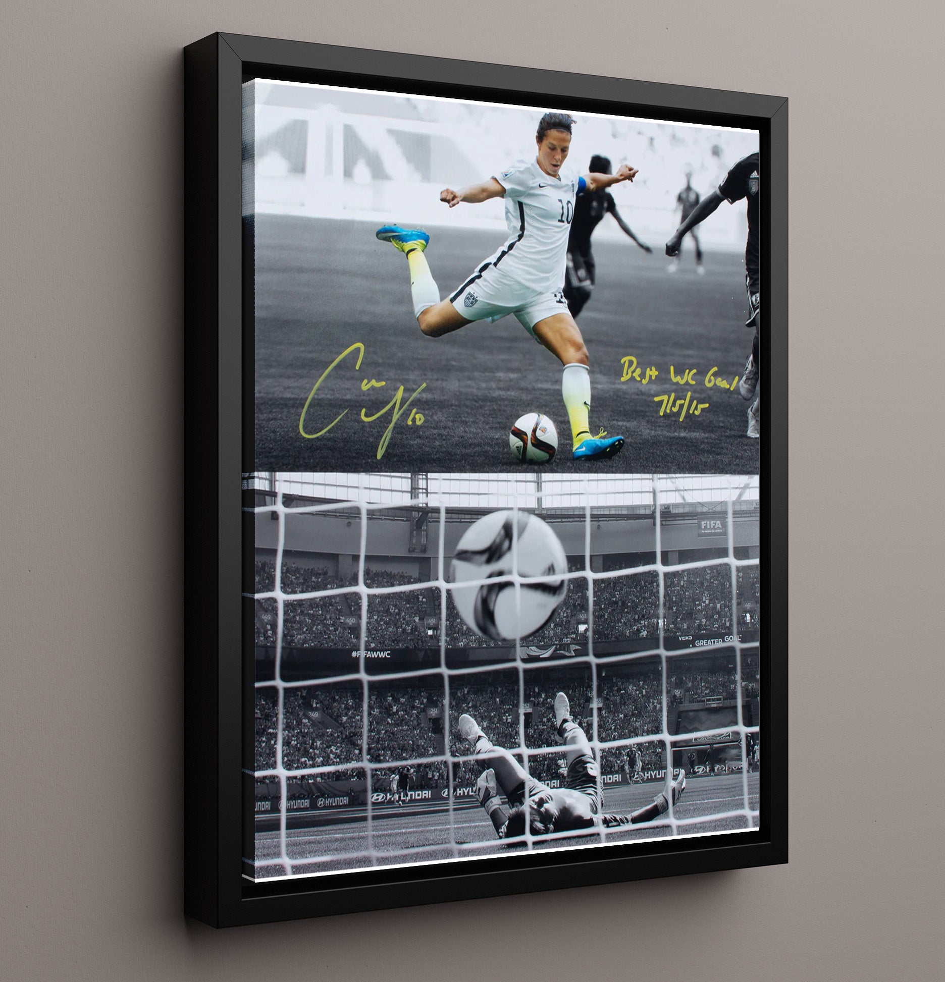 Carli Lloyd USA World Cup Final Goal Strike 2015 Soccer Print 16x20 Framed Canvas soccer wall art print – Soccer Prints decor