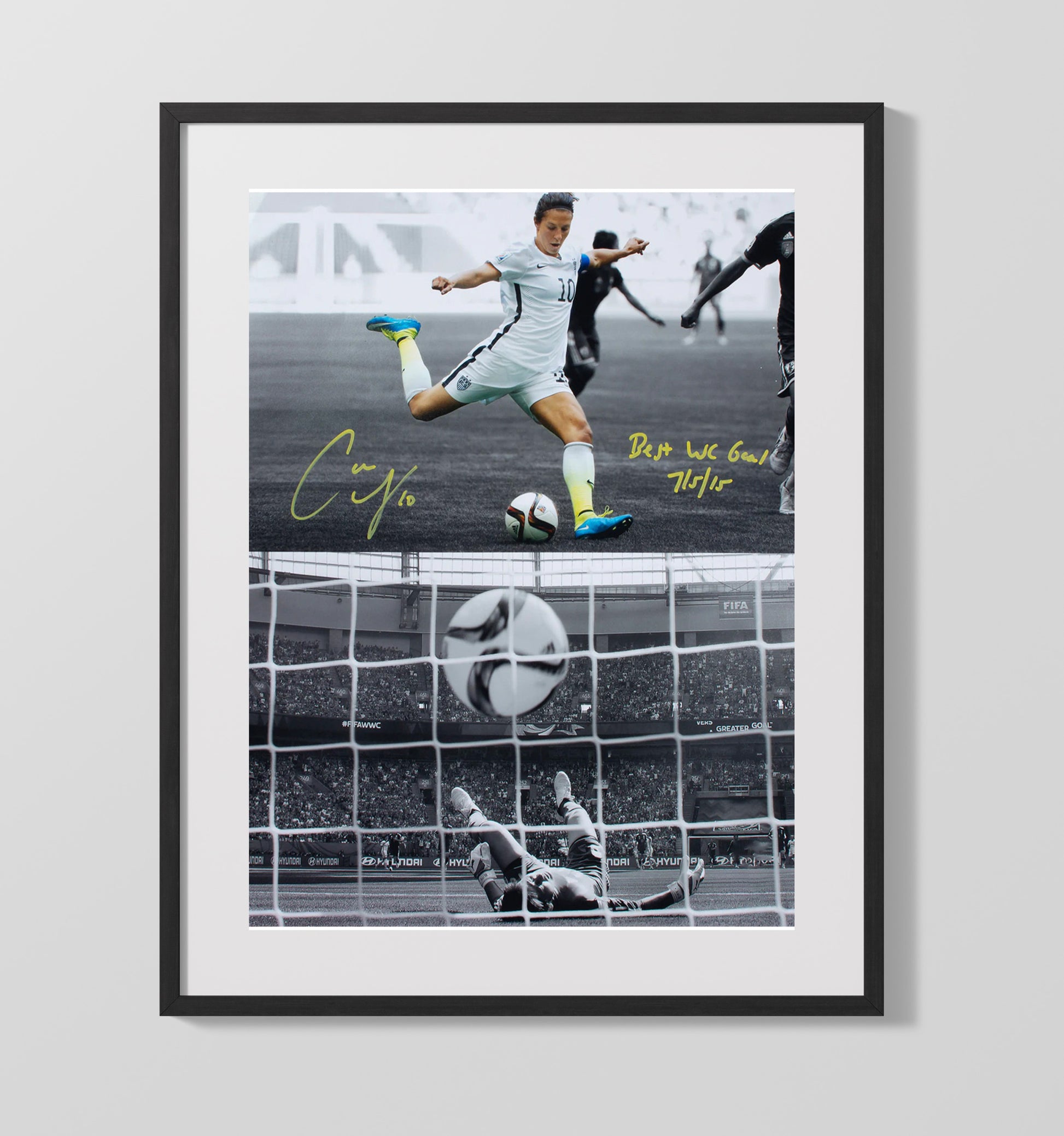 Carli Lloyd USA World Cup Final Goal Strike 2015 Soccer Print 16x20 Gallery Frame soccer wall art print – Soccer Prints decor