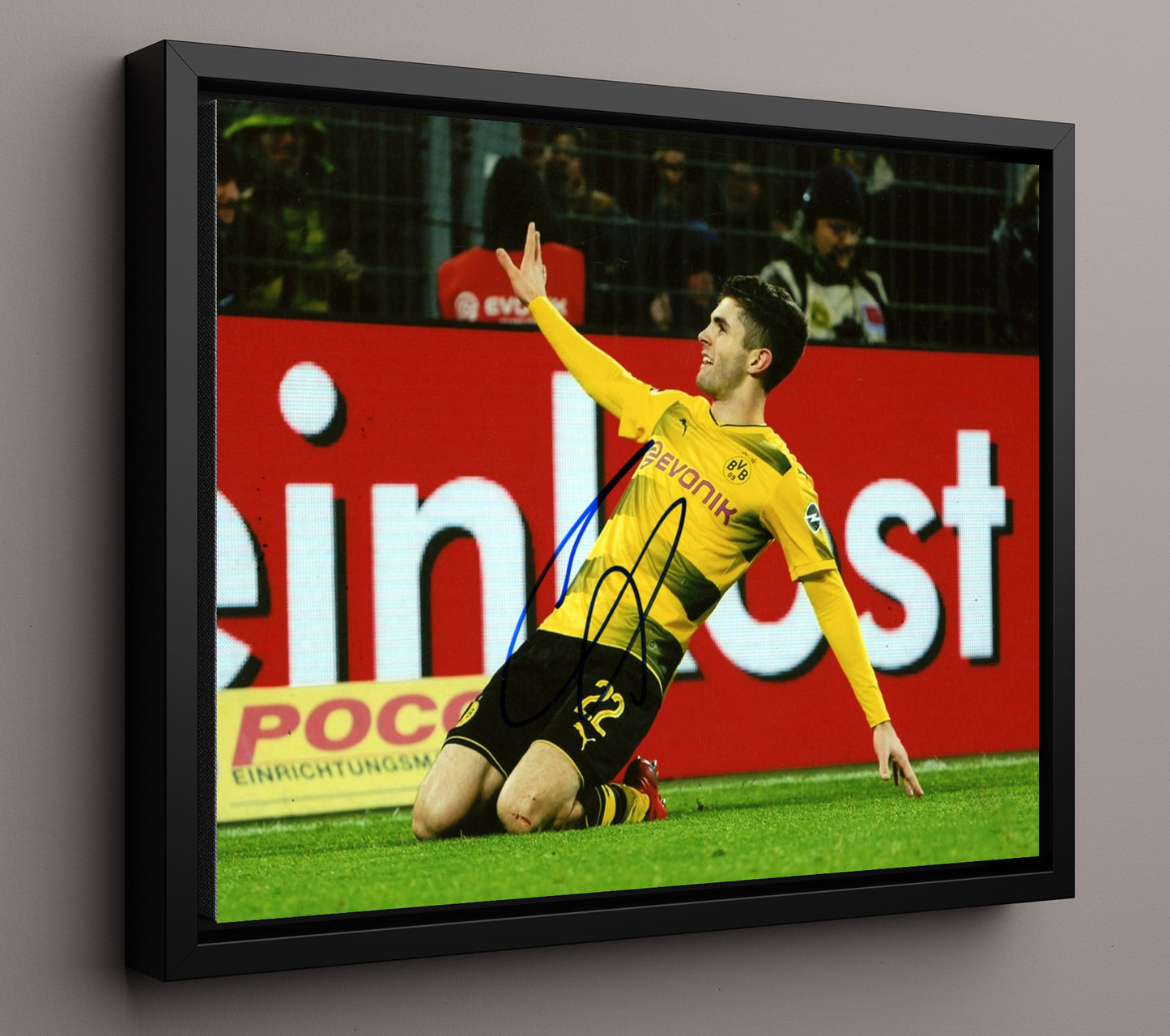 Christian Pulisic Borussia Dortmund Goal Celebration Print Slide Soccer Print 16x20 Framed Canvas soccer wall art print – Soccer Prints decor