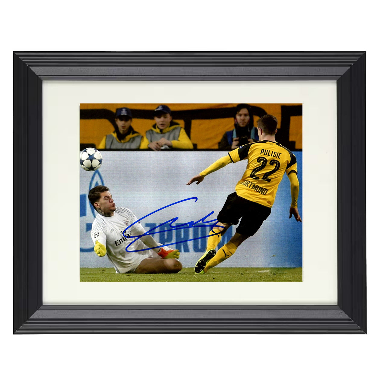 Christian Pulisic – Dortmund Shot Past Goalkeeper Scoring 8x10 matted black framed soccer wall art