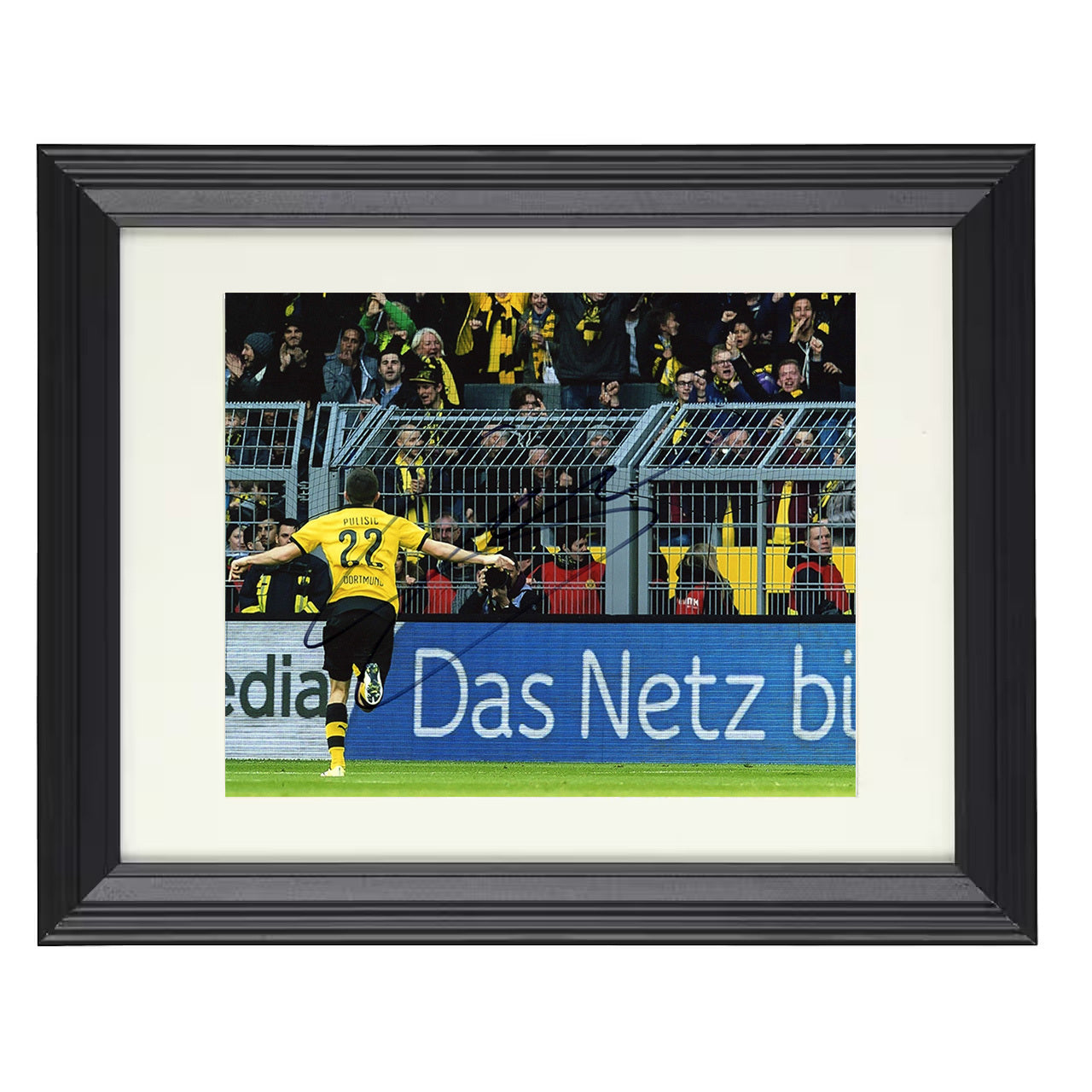 Christian Pulisic – Dortmund Team Celebration Goal Moment 8x10 matted black framed soccer wall art