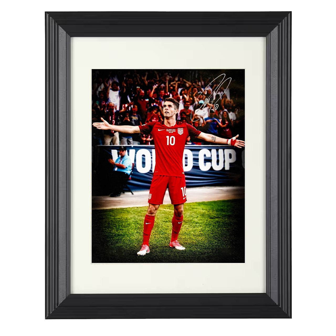 Christian Pulisic – USA Captain America Celebration 8x10 matted black framed soccer wall art