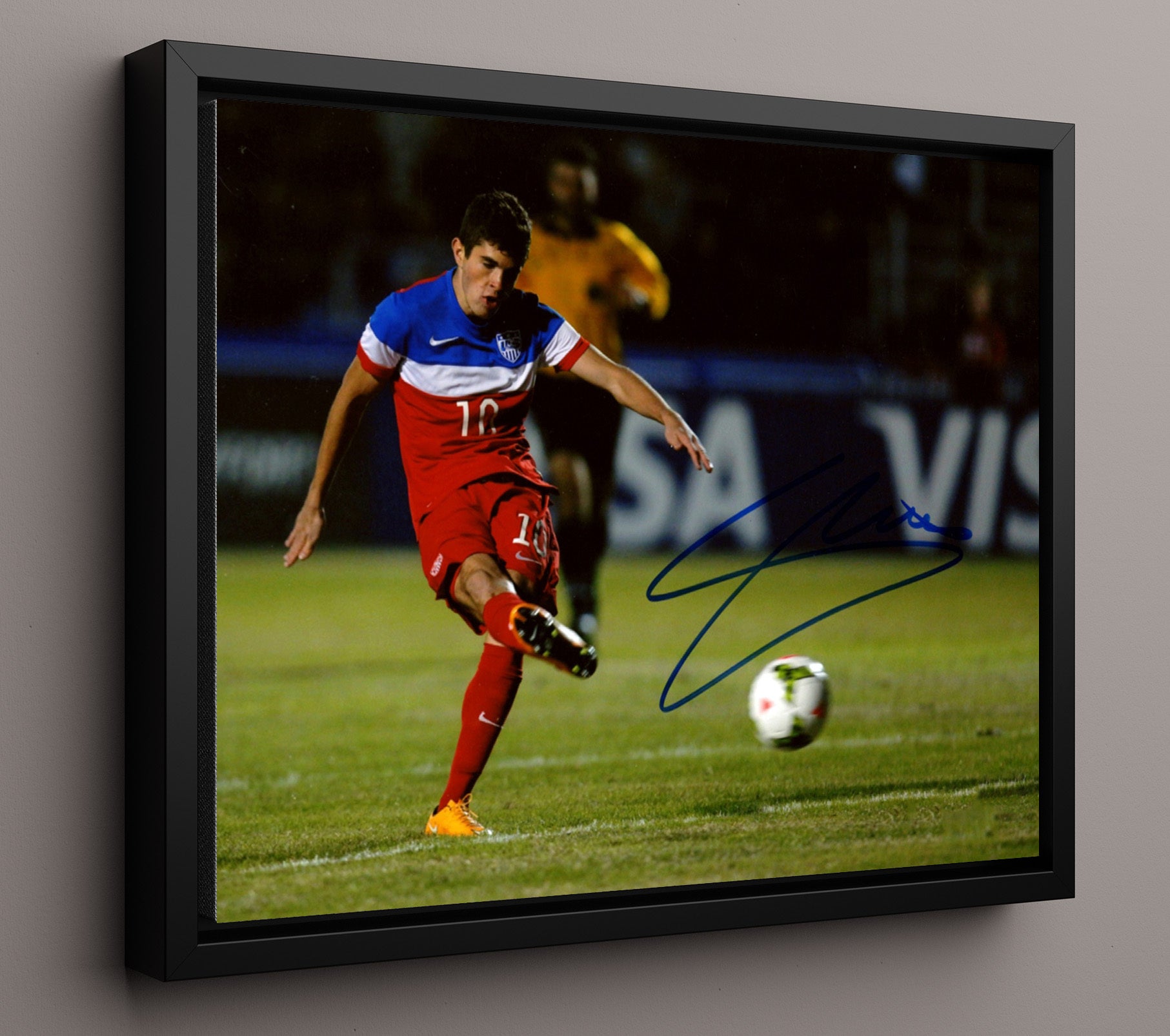 Christian Pulisic USA National Team Powerful Shot Match Action Soccer Print 16x20 Framed Canvas soccer wall art print – Soccer Prints decor