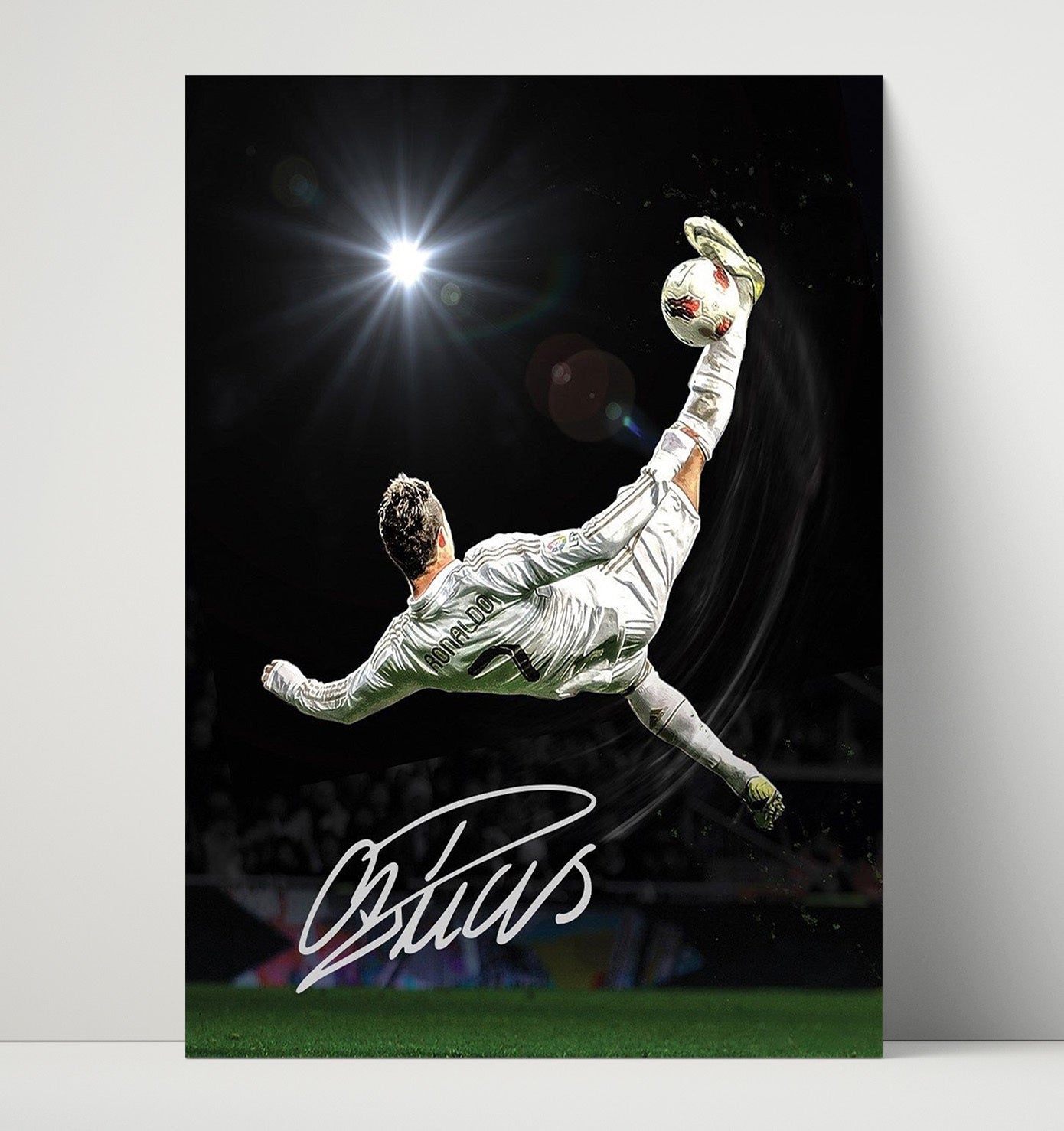 Cristiano Ronaldo Bicycle Kick Goal Moment Spotlight Soccer Print 16x20 Unframed Print soccer wall art print – Soccer Prints decor