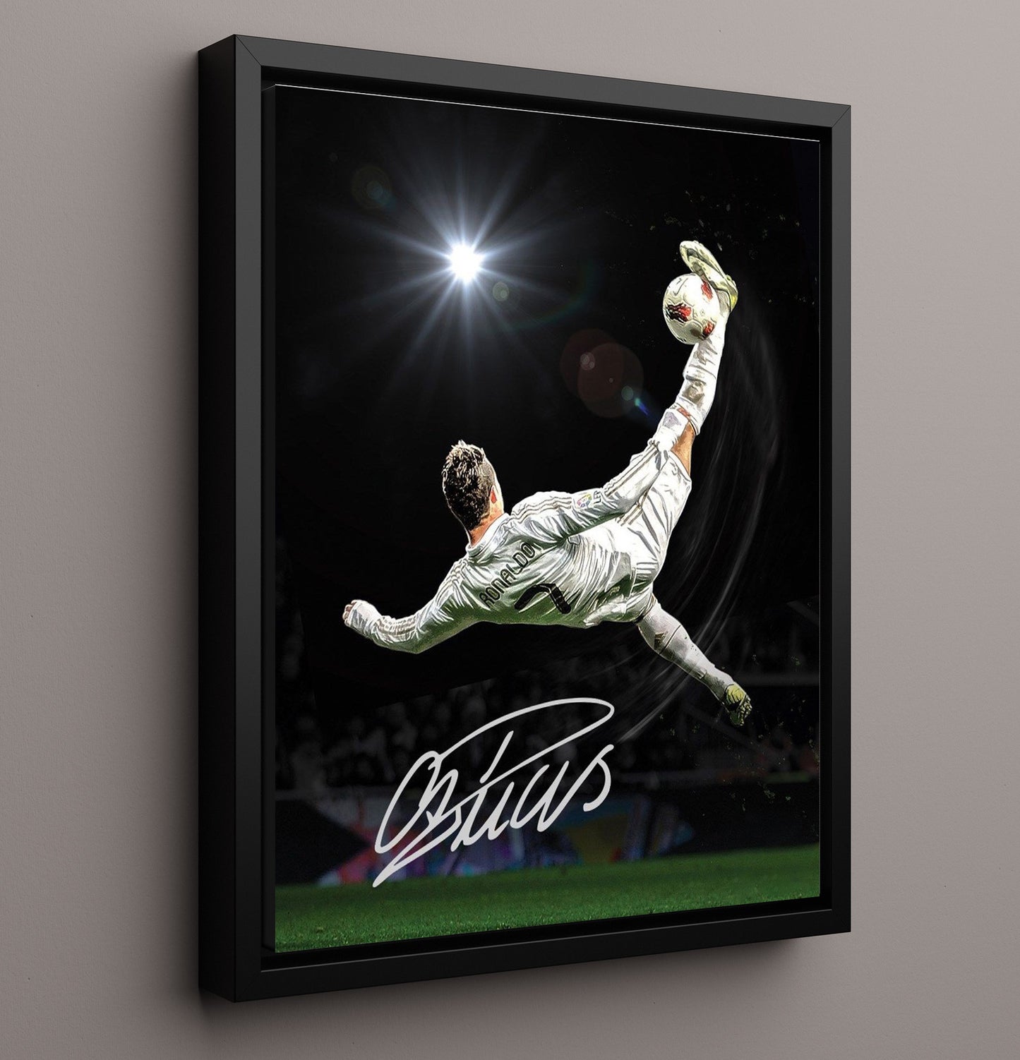 Cristiano Ronaldo Bicycle Kick Goal Moment Spotlight Soccer Print 16x20 Framed Canvas soccer wall art print – Soccer Prints decor