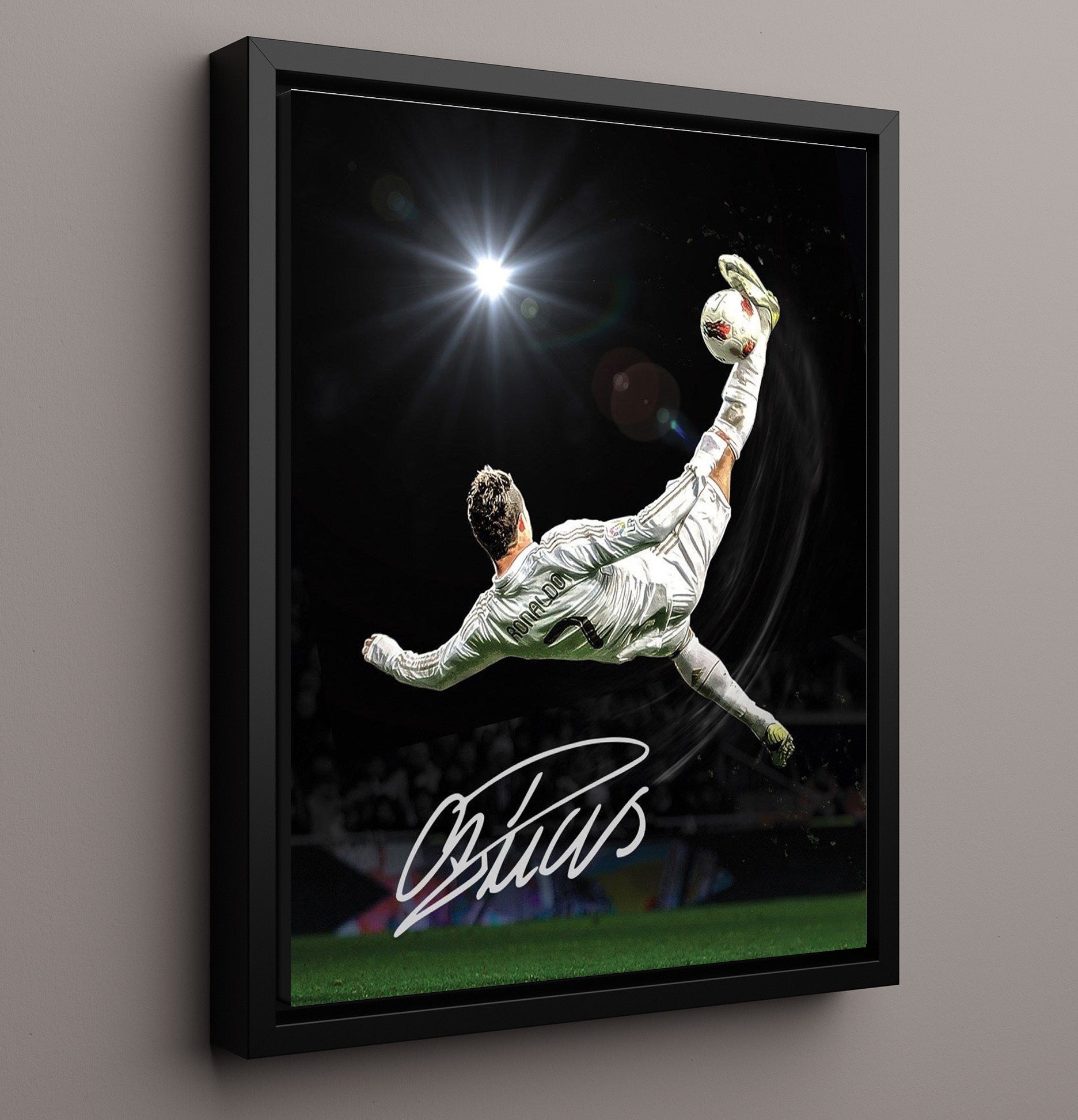 Cristiano Ronaldo Bicycle Kick Goal Moment Spotlight Soccer Print 16x20 Framed Canvas soccer wall art print – Soccer Prints decor