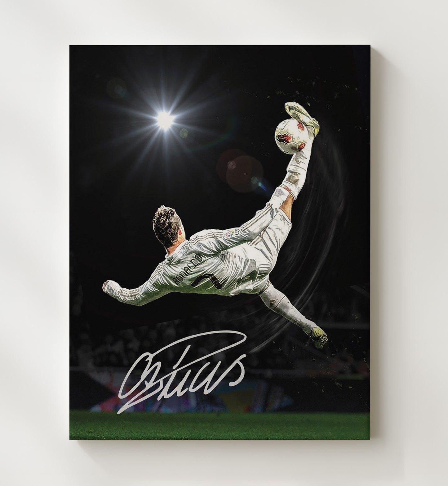 Cristiano Ronaldo Bicycle Kick Goal Moment Spotlight Soccer Print 20x24 Canvas soccer wall art print – Soccer Prints decor