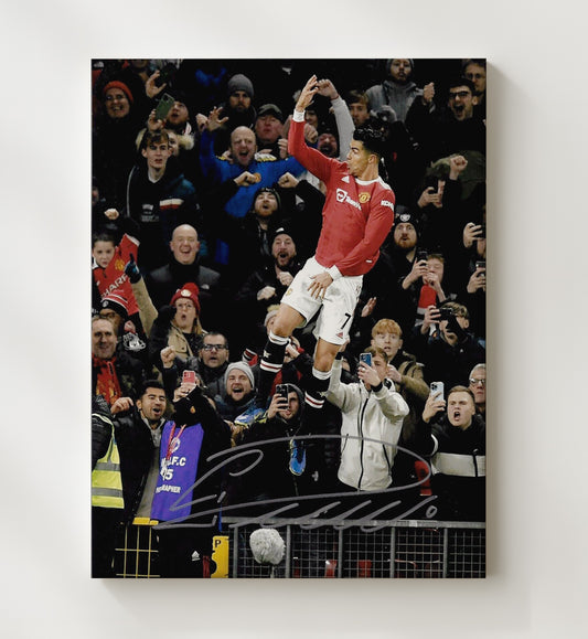 Cristiano Ronaldo Manchester United SIUUU Celebration Leap Old Trafford - Canvas soccer wall art