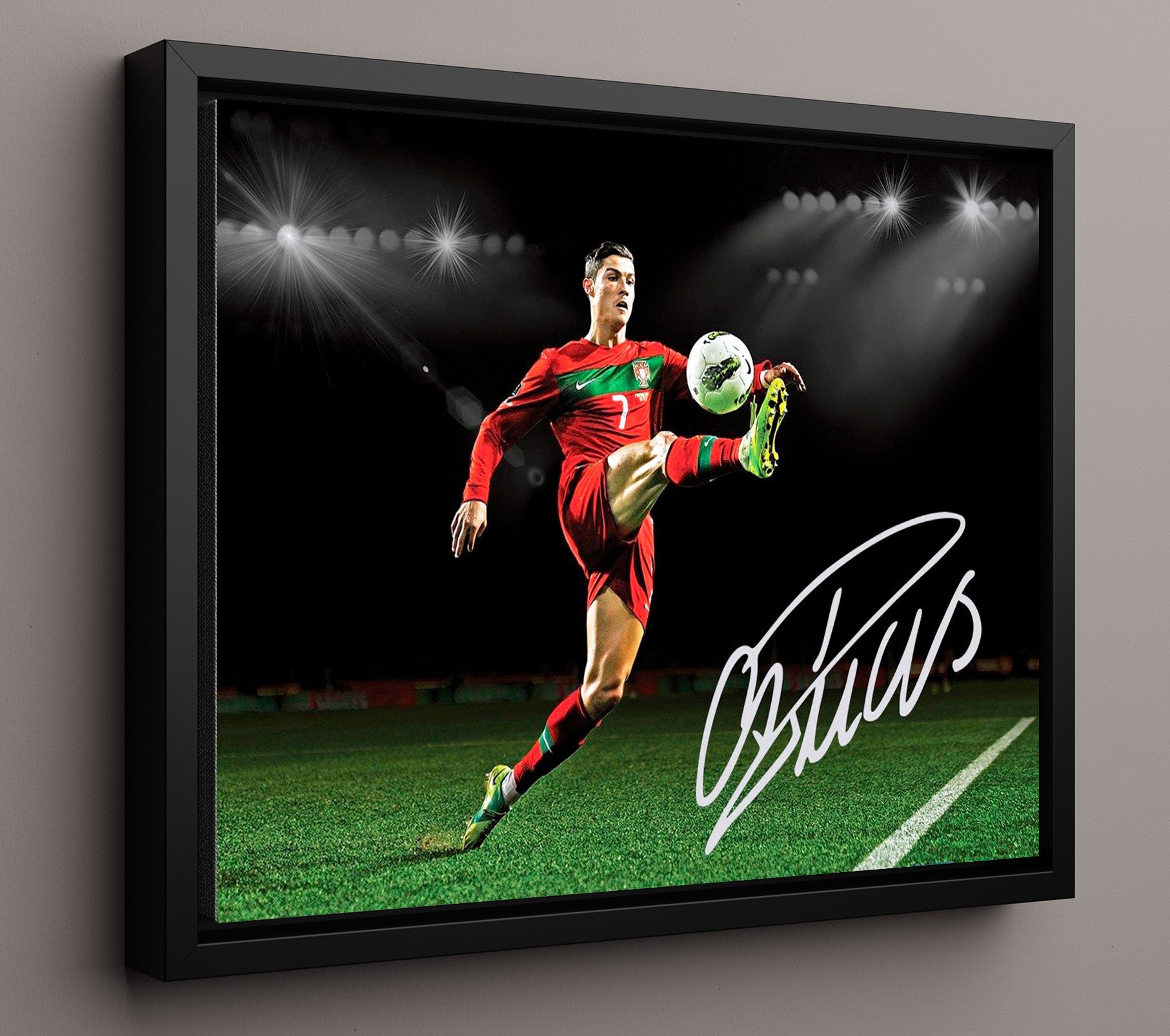 Cristiano Ronaldo Portugal Night Volley Control Soccer Print 16x20 Framed Canvas soccer wall art print – Soccer Prints decor