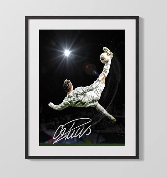 Cristiano Ronaldo Real Madrid Bicycle Kick Champions League Icon Soccer Print 16x20 Gallery Framed Artwork wall art print – soccer decor