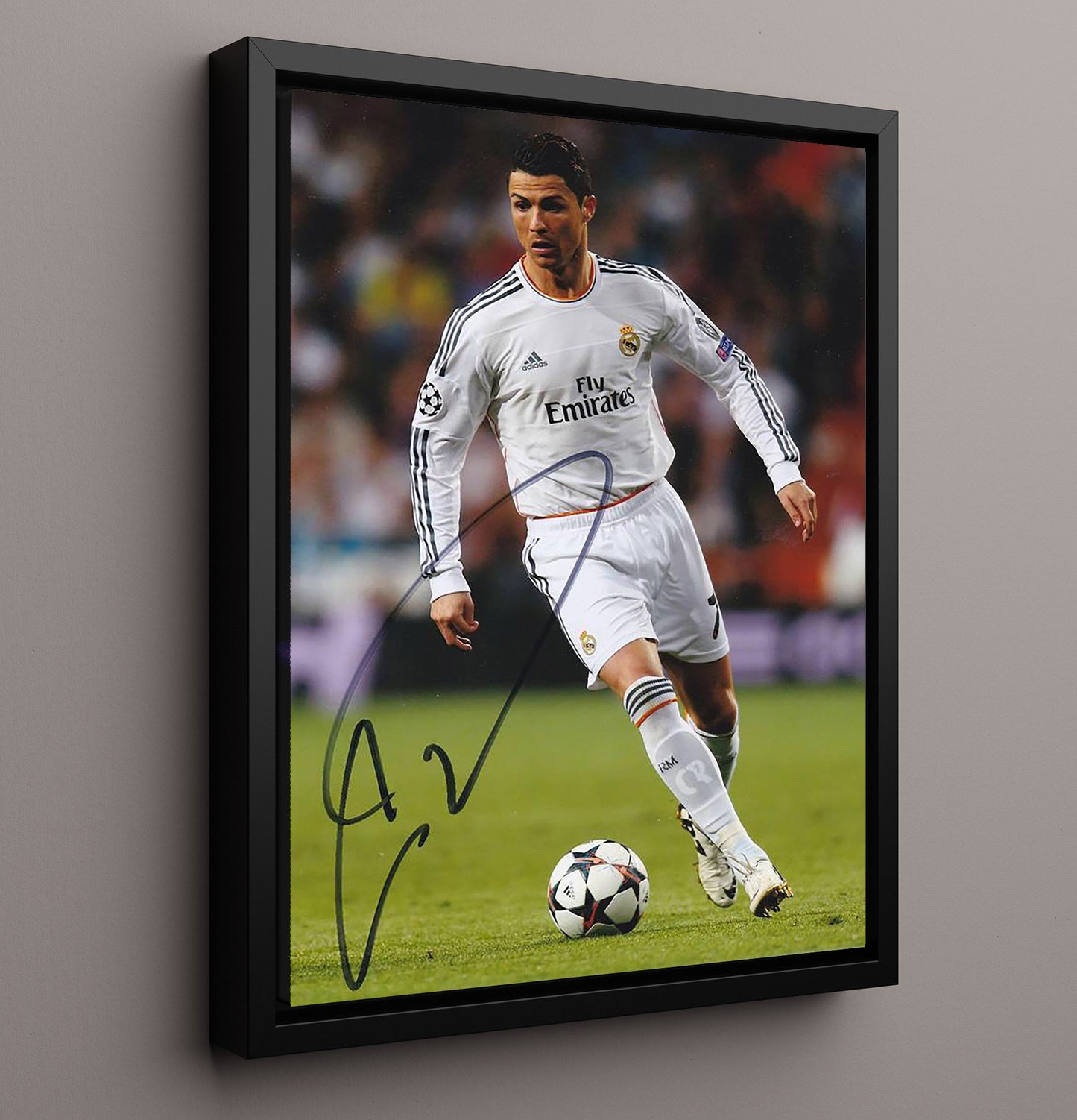 Cristiano Ronaldo Real Madrid Champions League Goal Machine Dribble Soccer Wall 16x20 Framed Canvas soccer wall art print – Soccer Prints decor
