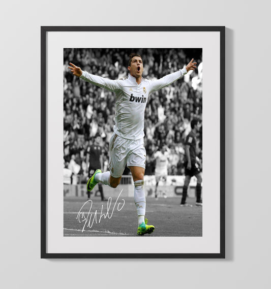 Cristiano Ronaldo Real Madrid Goal Celebration Print Spotlight Soccer Print 16x20 Gallery Framed Artwork wall art print – soccer decor