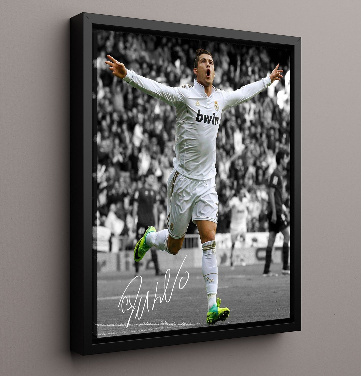 Cristiano Ronaldo Real Madrid Goal Celebration Print Spotlight Soccer Print 16x20 Framed Canvas soccer wall art print – Soccer Prints decor