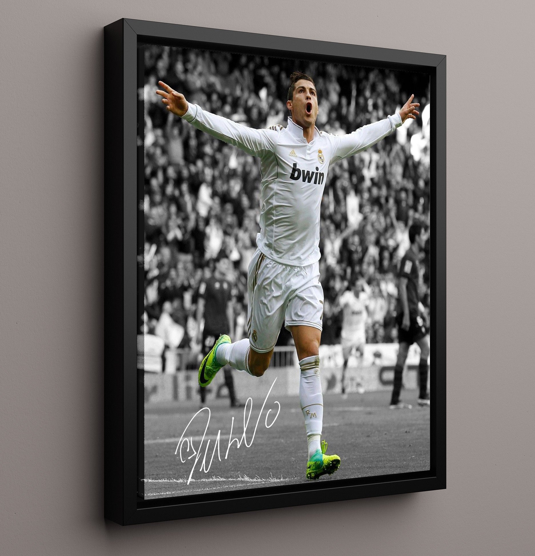 Cristiano Ronaldo Real Madrid Goal Celebration Print Spotlight Soccer Print 16x20 Framed Canvas soccer wall art print – Soccer Prints decor