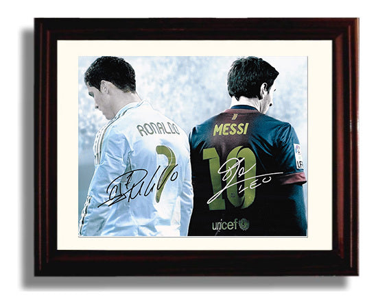 Cristiano Ronaldo and Lionel Messi Real Madrid Barcelona Legends Back to Back 8x10 Beveled Frame soccer wall art print – Soccer Prints decor