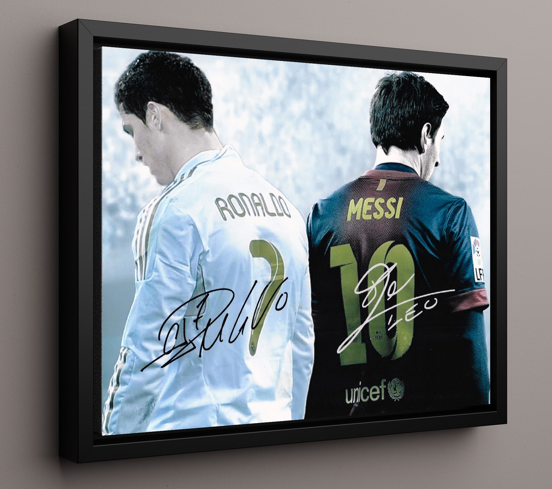 Cristiano Ronaldo and Lionel Messi Real Madrid Barcelona Legends Back to Back 16x20 Framed Canvas soccer wall art print – Soccer Prints decor