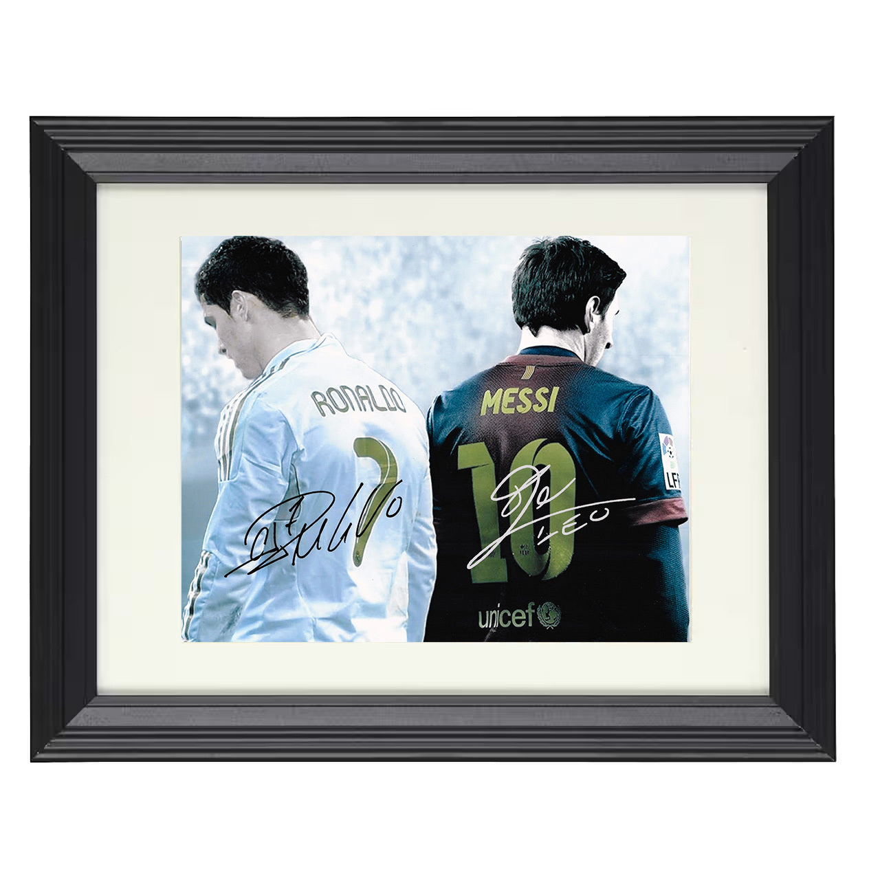 Ronaldo and Messi – Real Madrid and Barcelona Rivals 8x10 matted black framed soccer wall art
