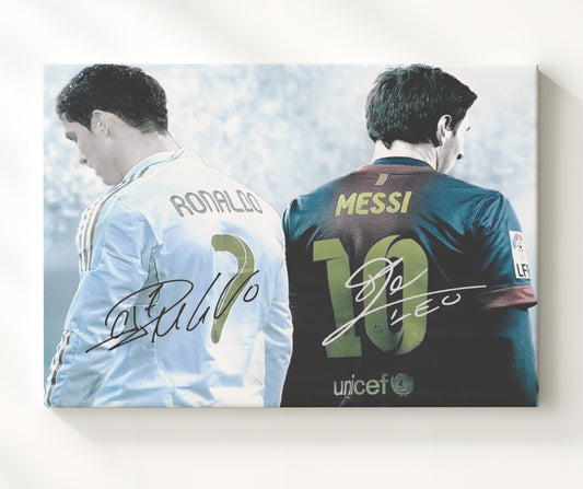 Cristiano Ronaldo and Lionel Messi Real Madrid Barcelona Legends Back to Back - Canvas soccer wall art