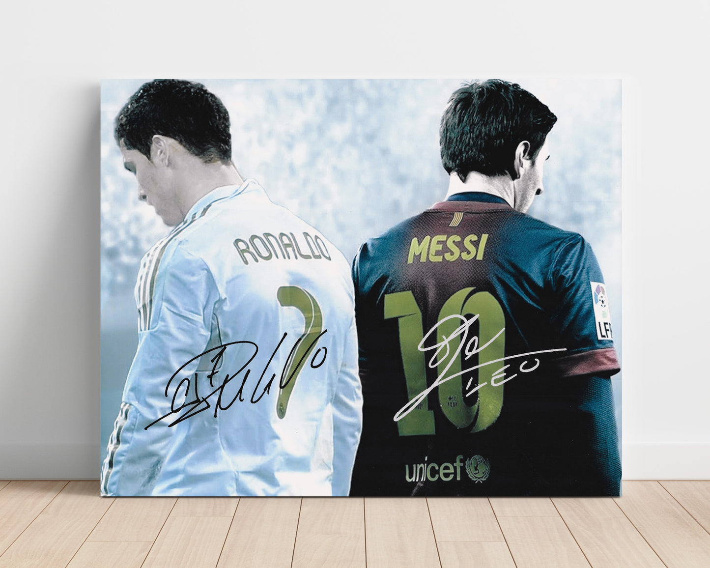 Cristiano Ronaldo and Lionel Messi Real Madrid Barcelona Legends Back to Back 16x20 Unframed Print soccer wall art print – Soccer Prints decor