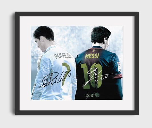 Cristiano Ronaldo and Lionel Messi Real Madrid Barcelona Legends Back to Back 16x20 Gallery Framed Artwork wall art print – soccer decor