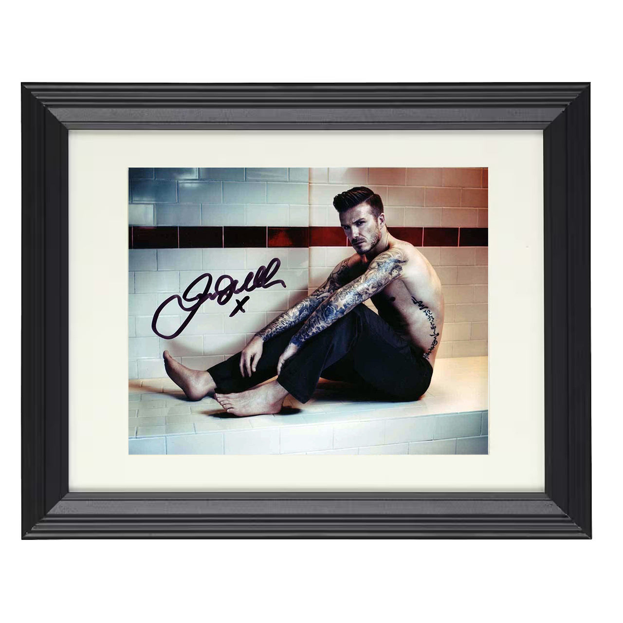 David Beckham – Iconic Tattoo Image Athlete Style Image 8x10 matted black framed soccer wall art