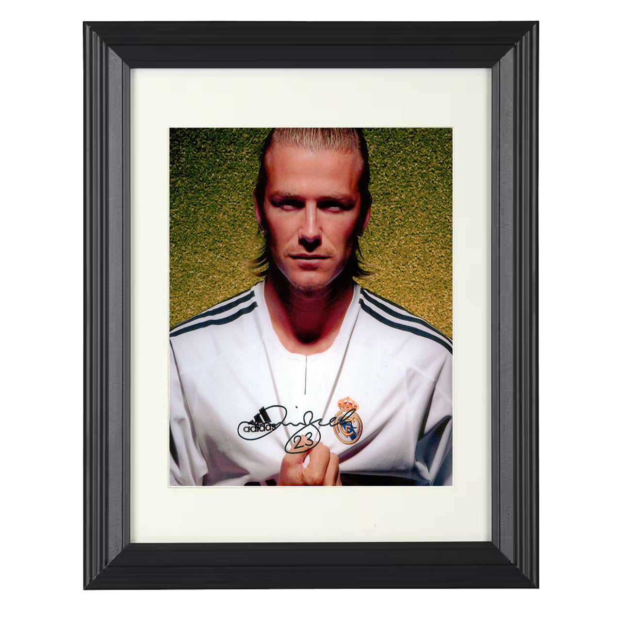 David Beckham – Real Madrid Jersey Crest Pride Image 8x10 matted black framed soccer wall art