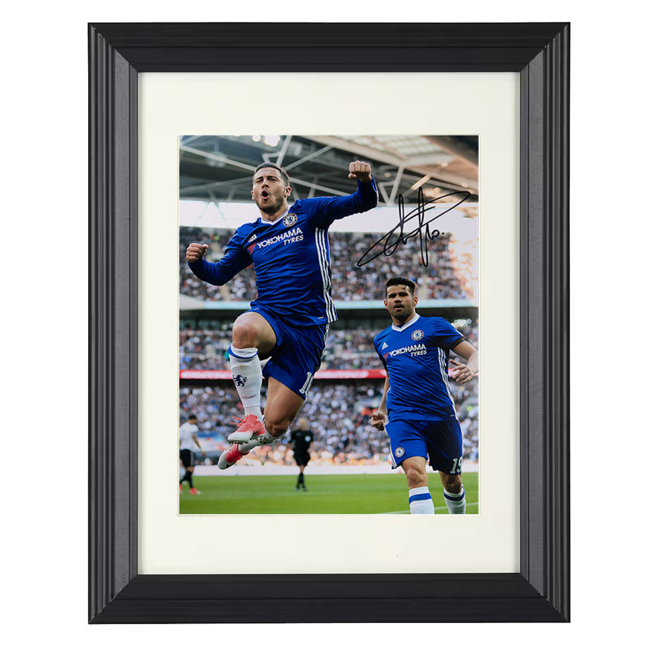 Eden Hazard – Chelsea Celebration Leap Goal Moment 8x10 matted black framed soccer wall art
