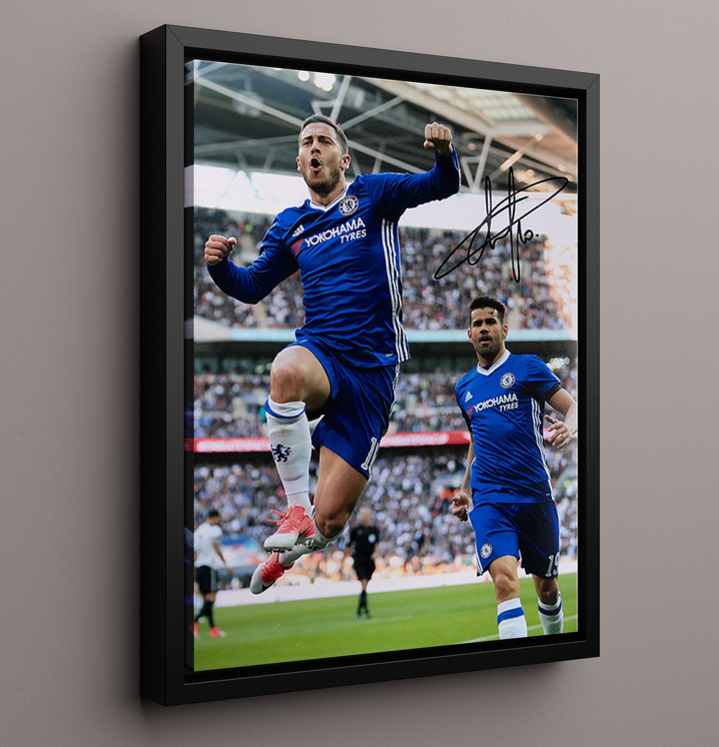 Eden Hazard Chelsea Celebration Leap Goal Moment Soccer Print 16x20 Framed Canvas soccer wall art print – Soccer Prints decor
