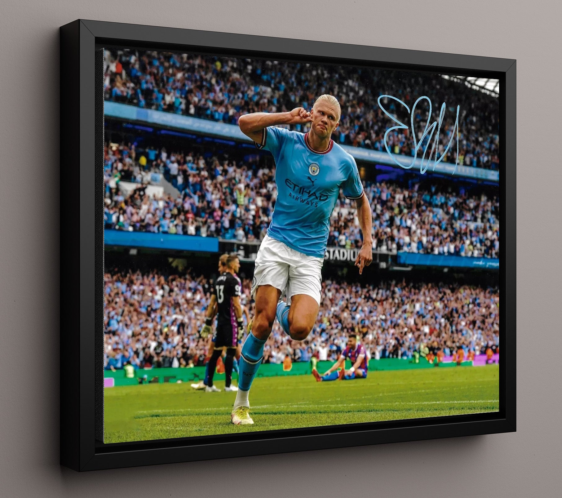 Erling Haaland Manchester City Etihad Roar Goal Celebration Print Soccer Print 16x20 Framed Canvas soccer wall art print – Soccer Prints decor