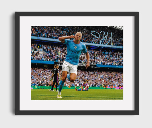 Erling Haaland Manchester City Etihad Roar Goal Celebration Print Soccer Print 16x20 Gallery Framed Artwork wall art print – soccer decor