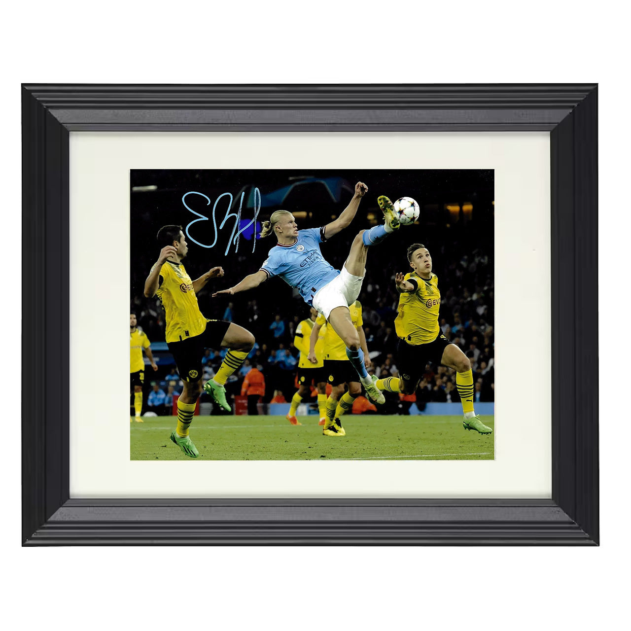 Erling Haaland – Manchester City Thunder Strike Goal Action 8x10 matted black framed soccer wall art