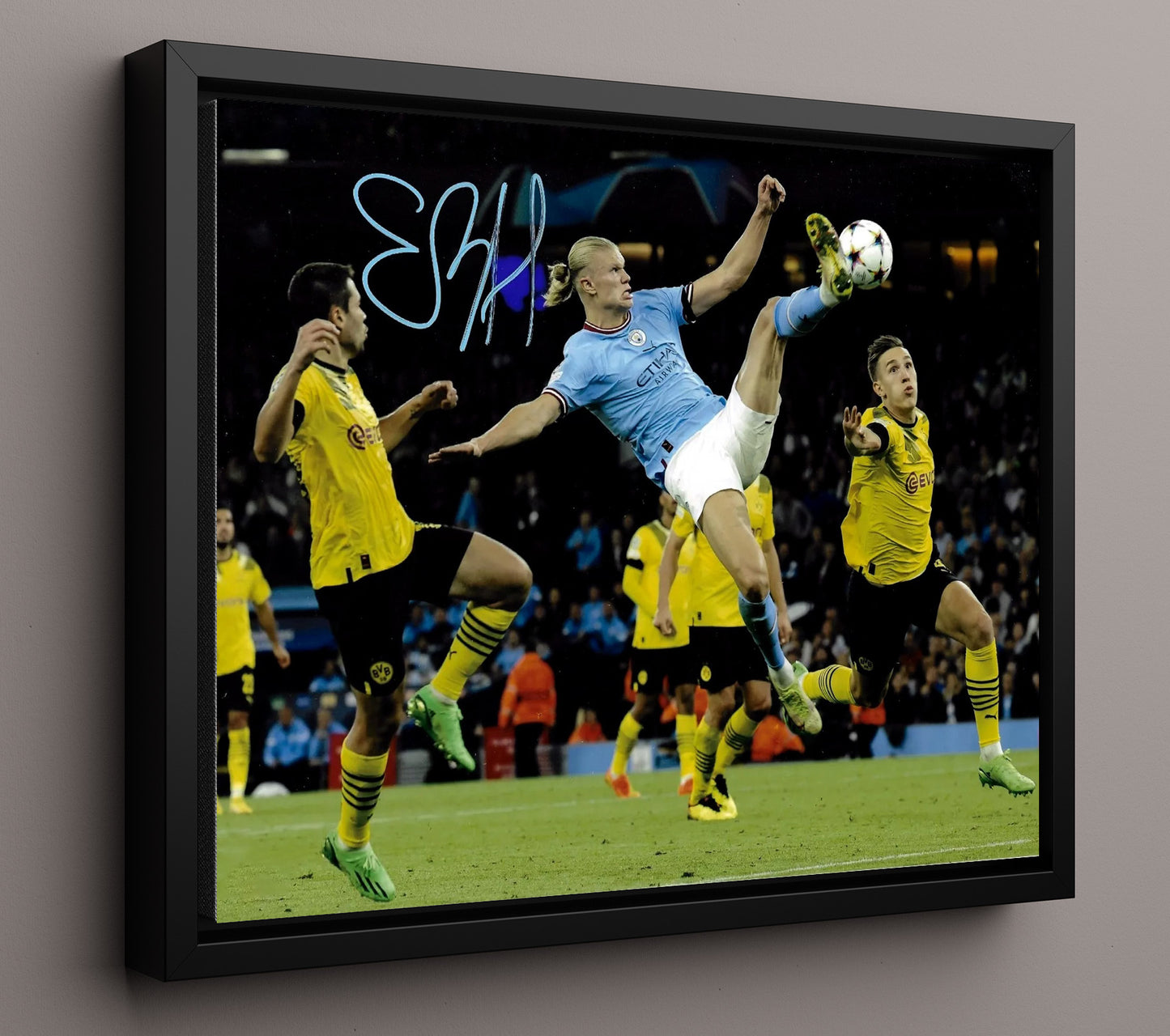 Erling Haaland Manchester City Thunder Strike Goal Action Soccer Print 16x20 Framed Canvas soccer wall art print – Soccer Prints decor