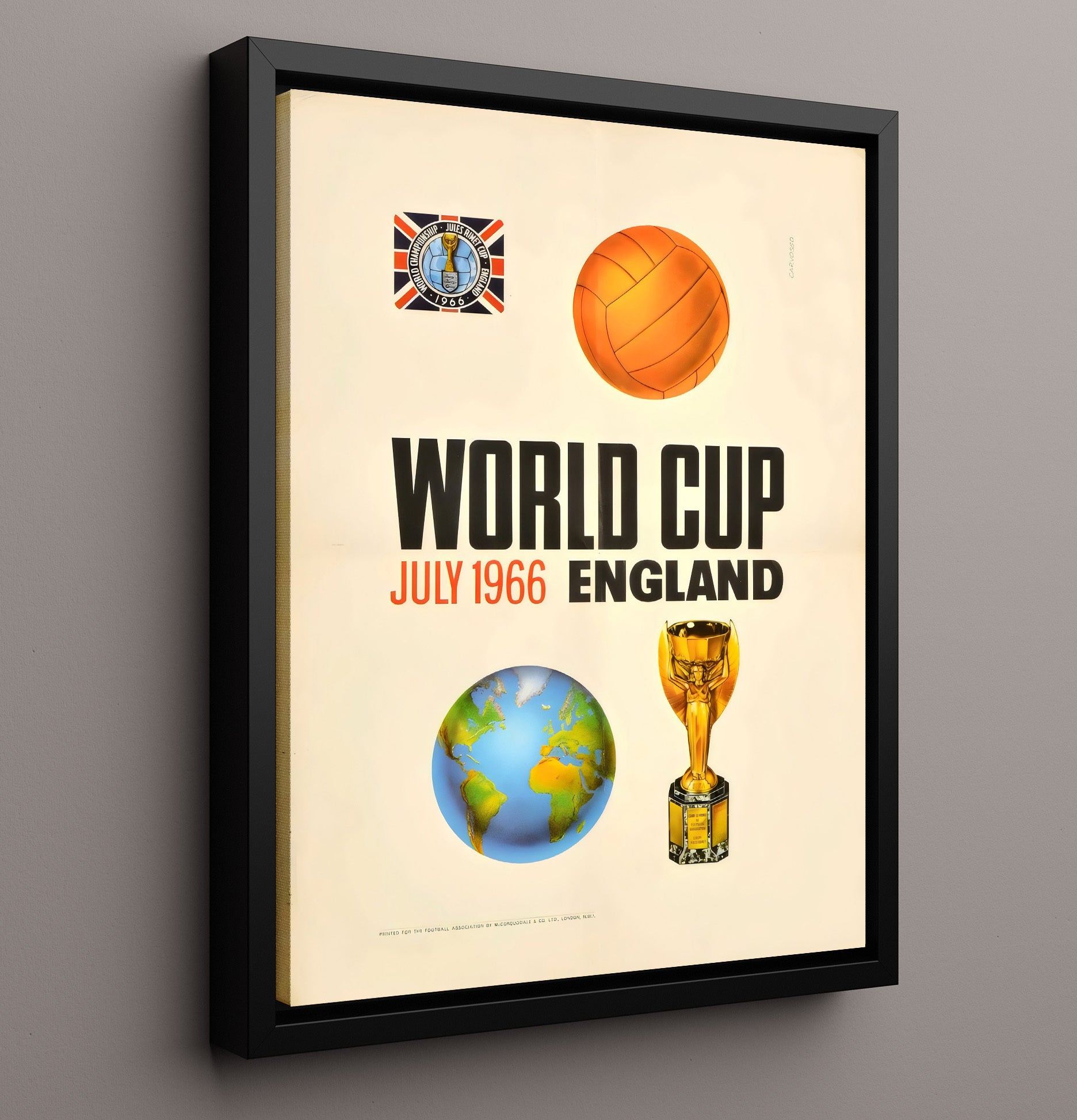 FIFA World Cup Poster England 1966 Trophy and Globe Official Design Soccer Wall 16x20 Framed Canvas soccer wall art print – Soccer Prints decor
