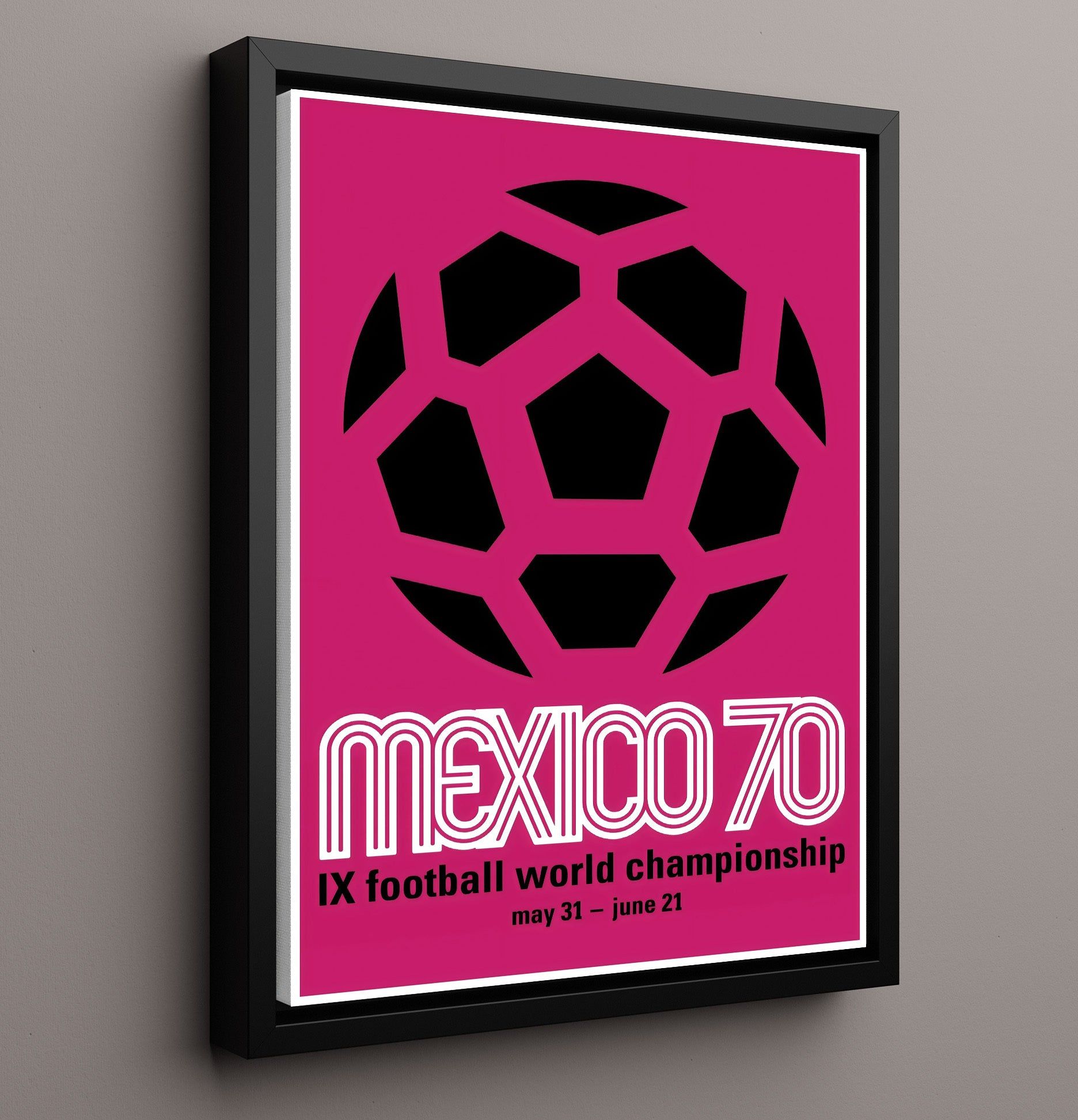 FIFA World Cup Poster Mexico 1970 Pink Graphic Emblem Edition Soccer Print 16x20 Framed Canvas soccer wall art print – Soccer Prints decor