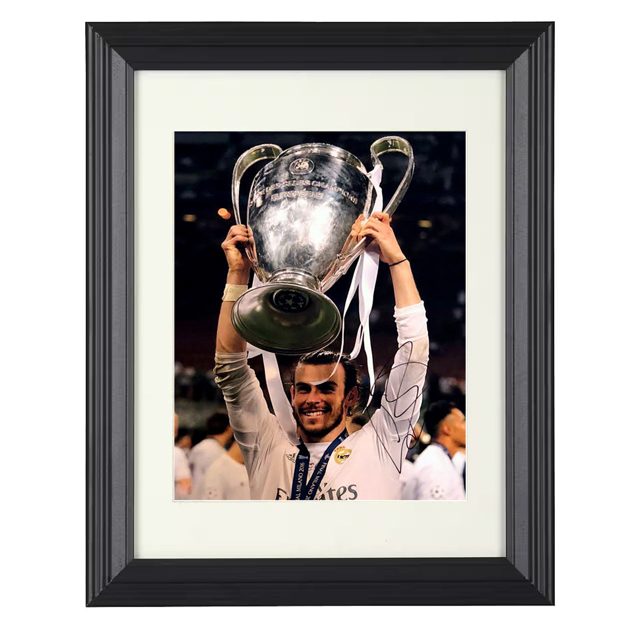 Gareth Bale – Real Madrid Champions League Trophy Triumph 8x10 matted black framed soccer wall art