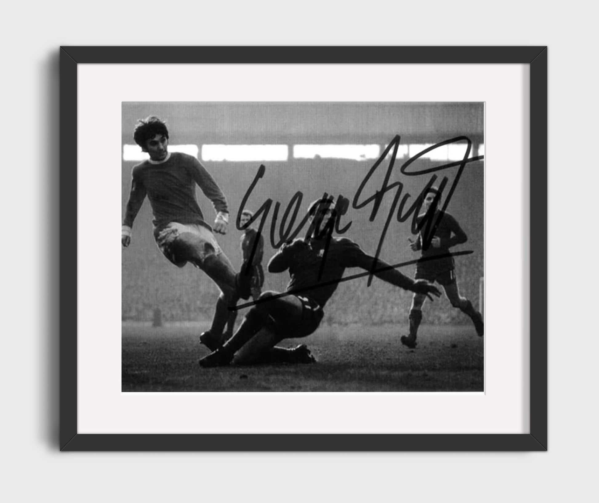 George Best Manchester United Sliding Finish Goal Vintage Match Action Soccer 16x20 Gallery Frame soccer wall art print – Soccer Prints decor