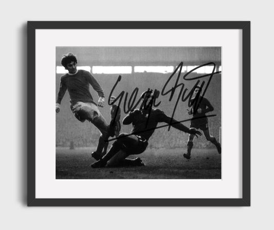George Best Manchester United Sliding Finish Goal Vintage Match Action Soccer 16x20 Gallery Framed Artwork wall art print – soccer decor