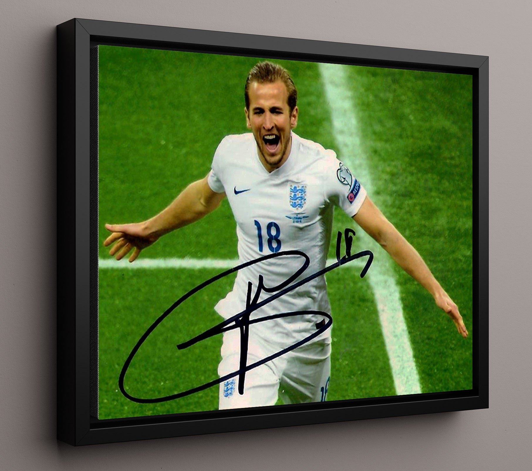 Harry Kane England Goal Celebration Print Striker Icon Soccer Print 16x20 Framed Canvas soccer wall art print – Soccer Prints decor