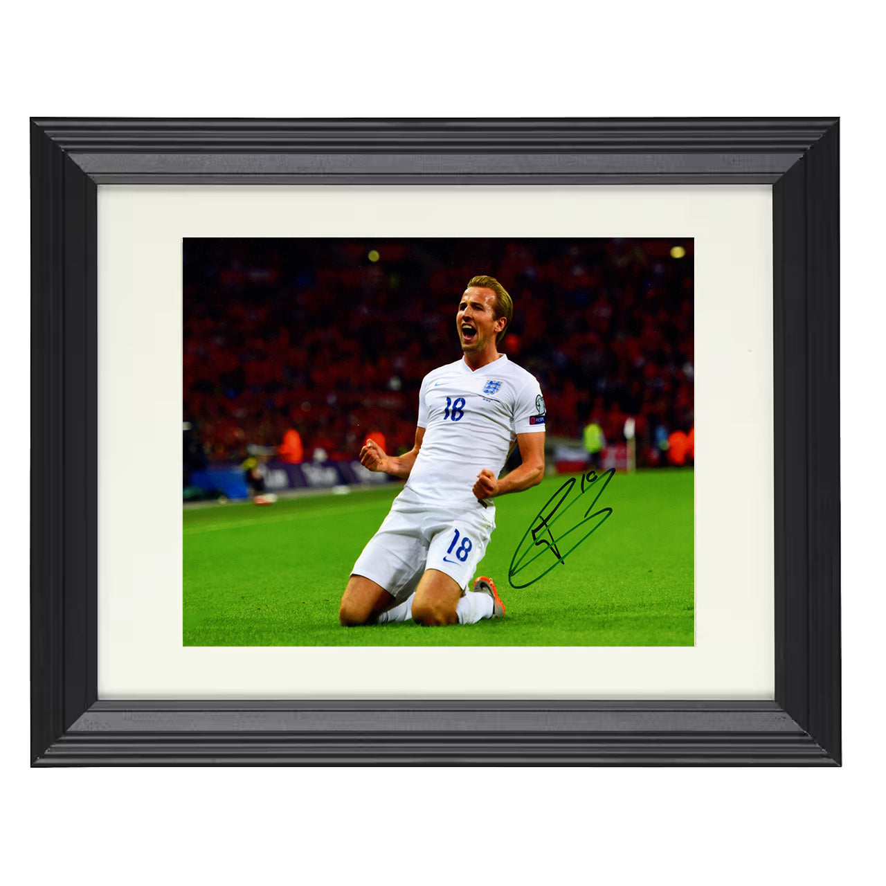 Harry Kane – England Scoring Slide Goal Celebration 8x10 matted black framed soccer wall art