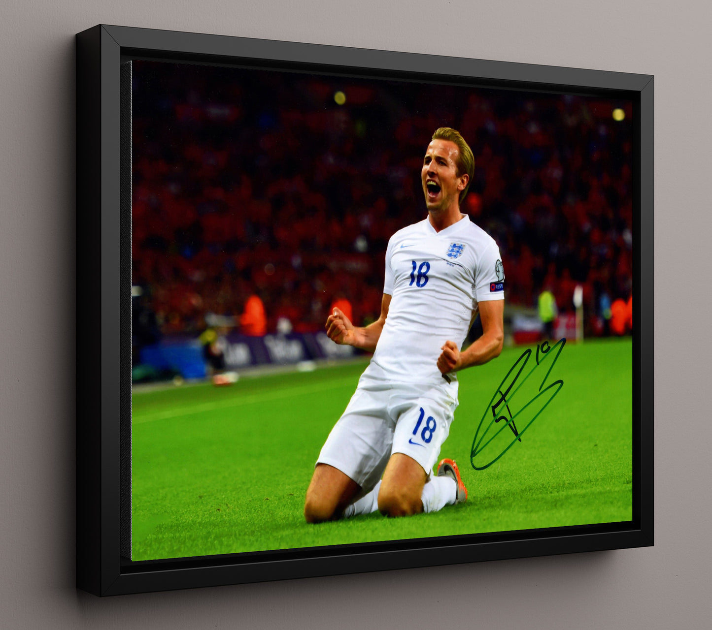 Harry Kane England Scoring Slide Goal Celebration Print Soccer Print 16x20 Framed Canvas soccer wall art print – Soccer Prints decor