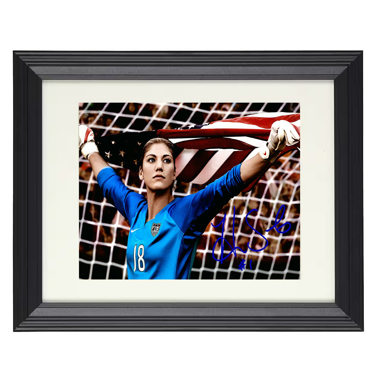 Hope Solo – USA Flag Celebration Image 8x10 matted black framed soccer wall art