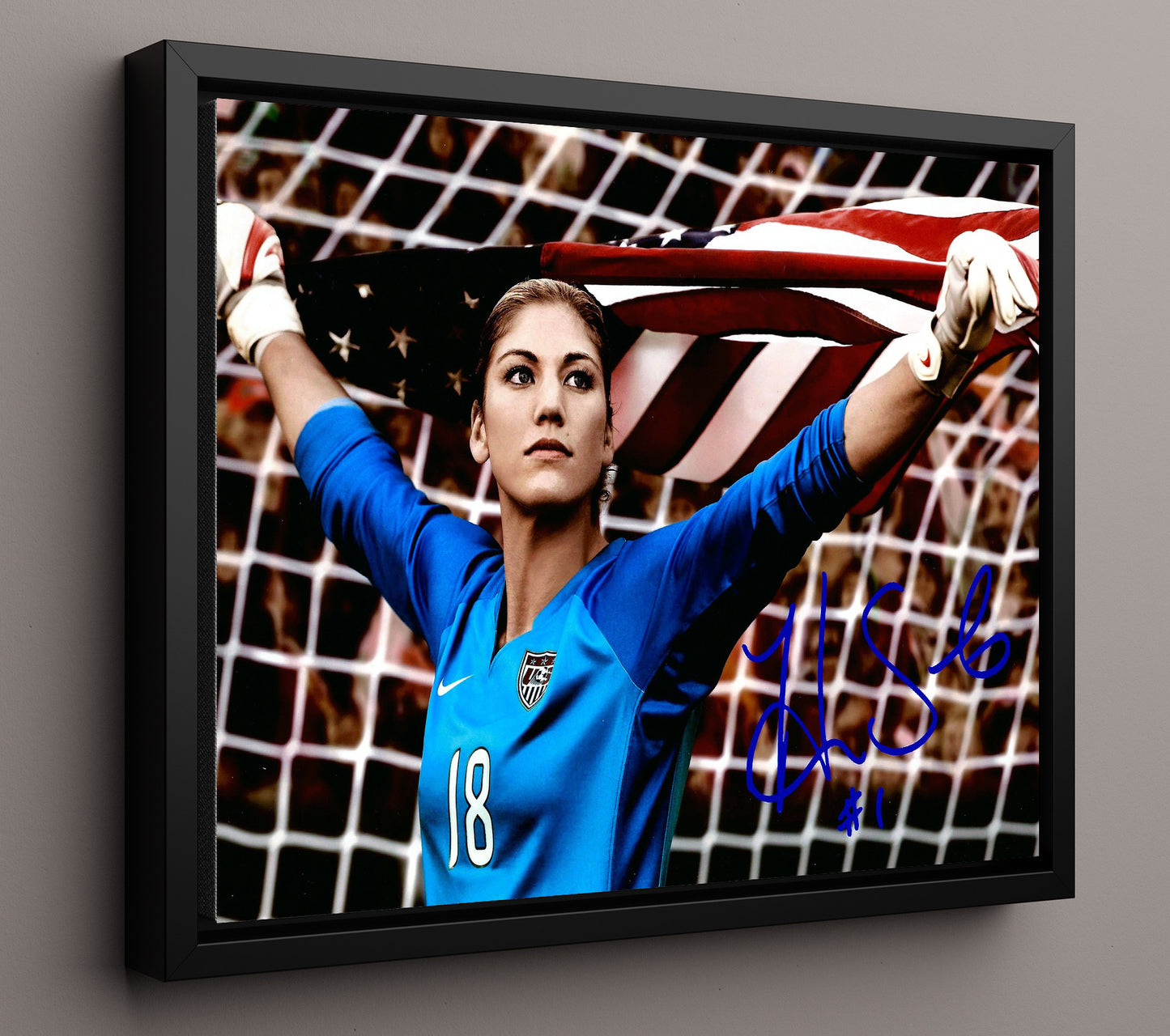 Hope Solo USA Flag Celebration Soccer Print 16x20 Framed Canvas soccer wall art print – Soccer Prints decor