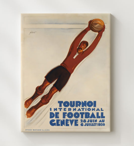 International Football Poster Geneva 1930 Goalkeeper Flying Save Artwork - Canvas soccer wall art