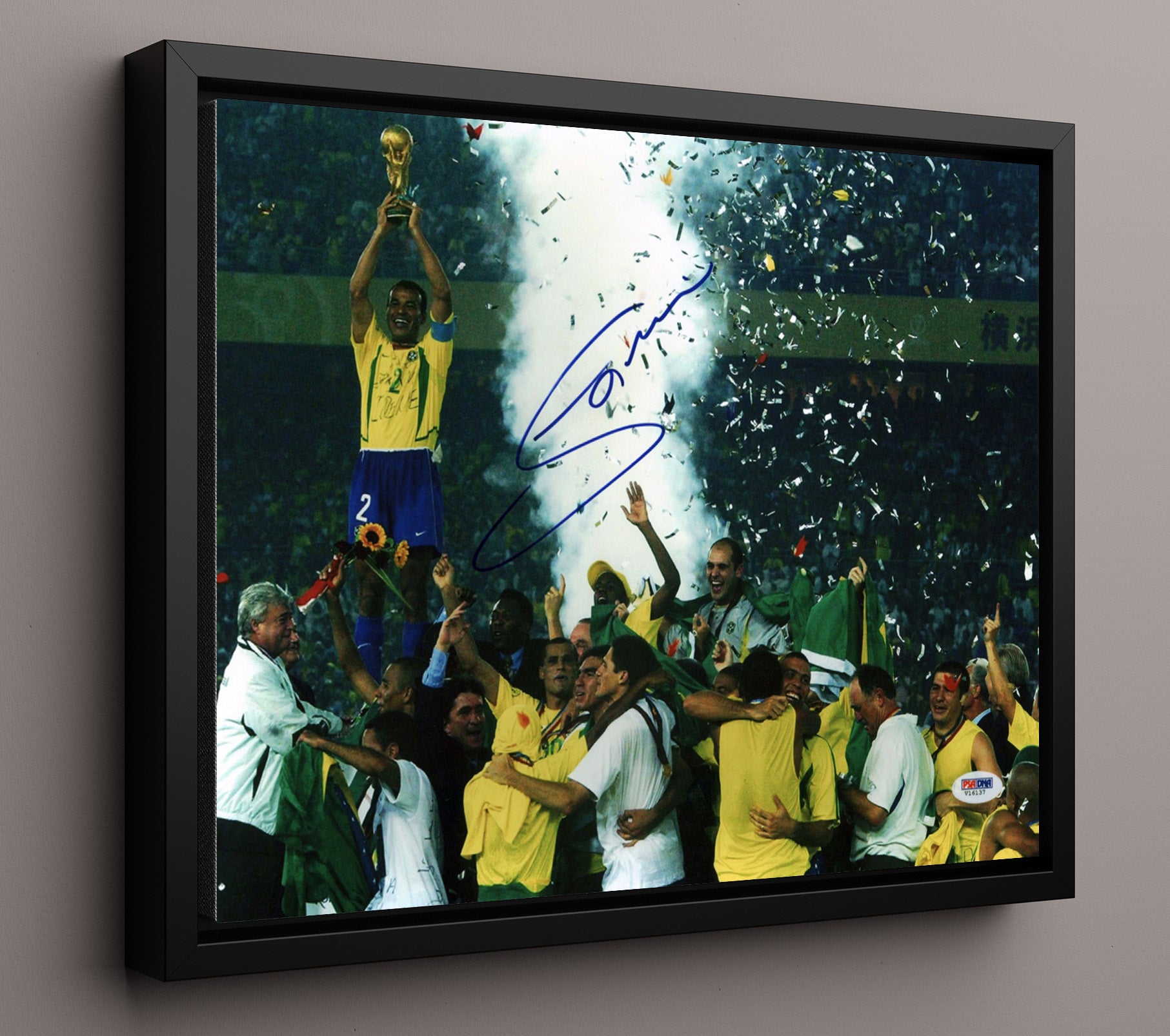 Jorginho Brazil Trophy Celebration Victory Moment Soccer Print 16x20 Framed Canvas soccer wall art print – Soccer Prints decor