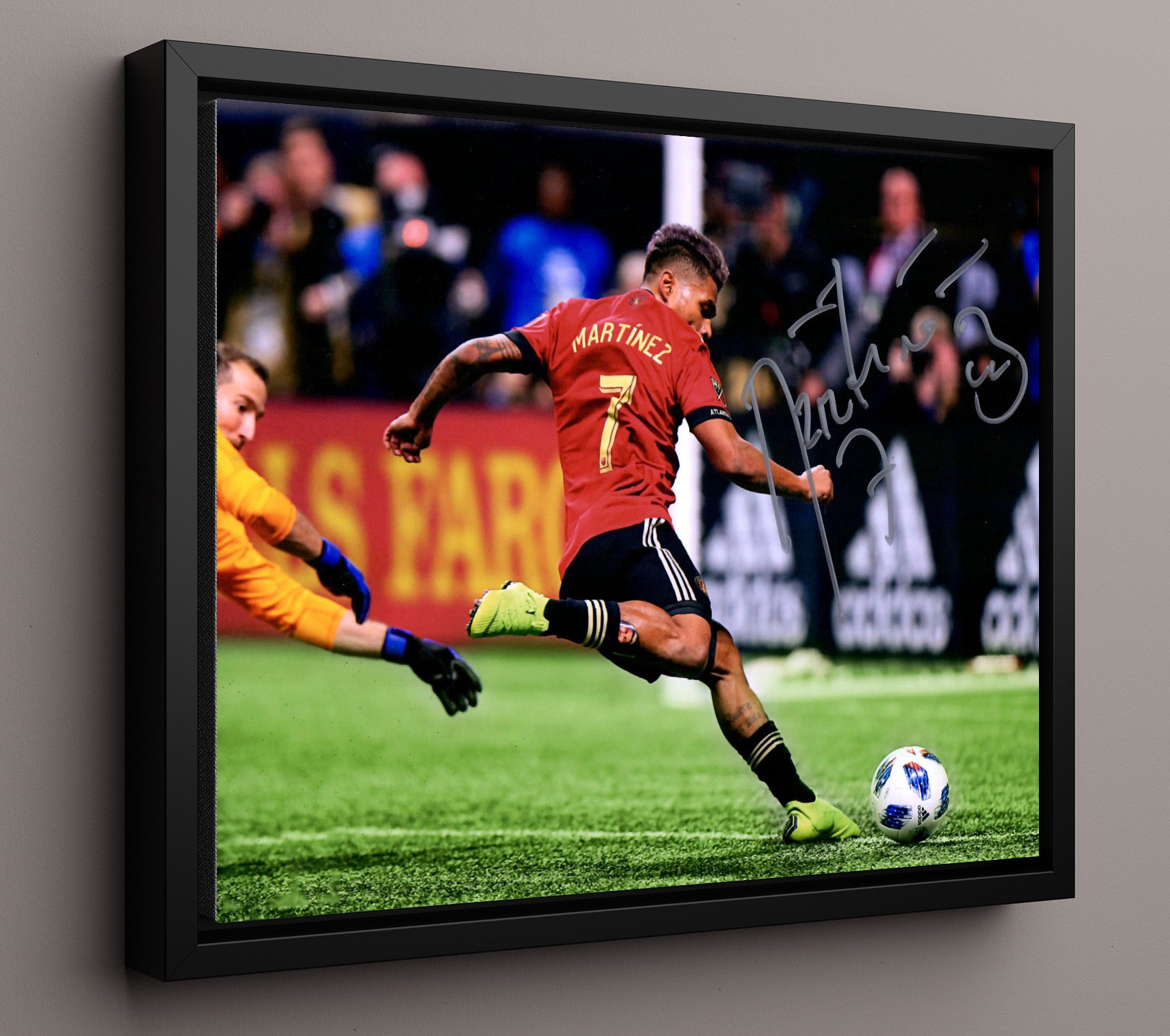 Josef Martinez Atlanta United Powerful Shot on Goal Soccer Print 16x20 Framed Canvas soccer wall art print – Soccer Prints decor