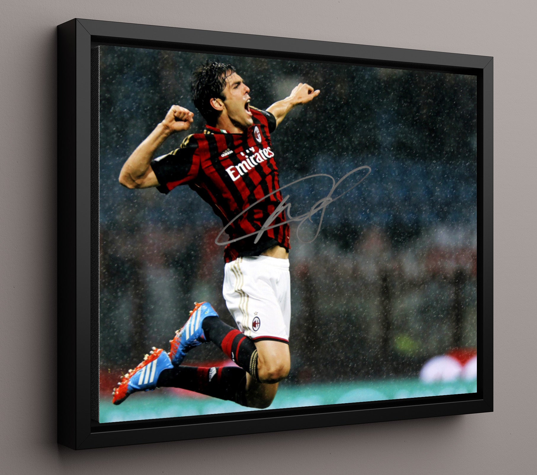Kaka AC Milan Goal Celebration Print Leap Soccer Print 16x20 Framed Canvas soccer wall art print – Soccer Prints decor