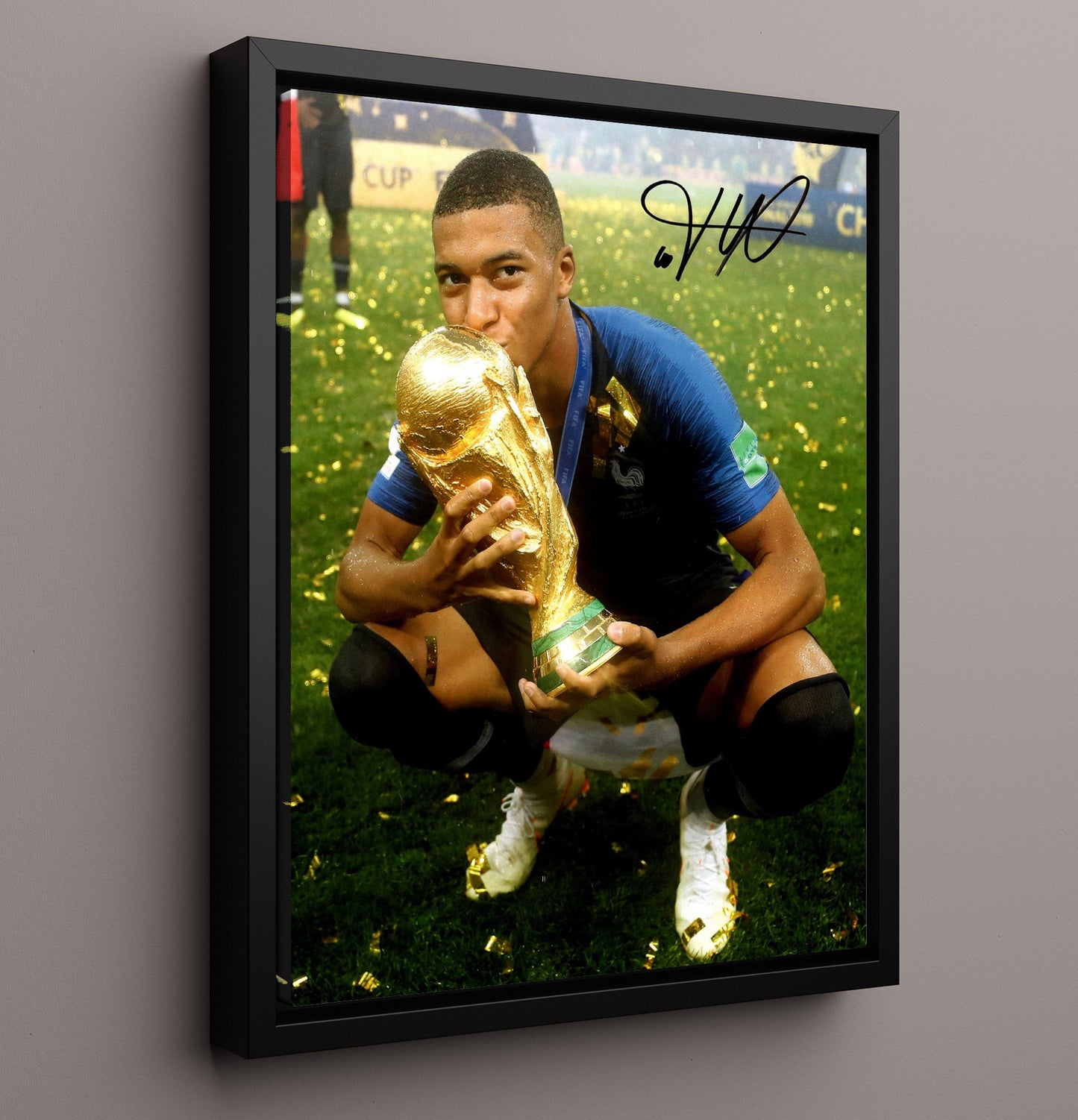 Kylian Mbappe France World Cup Champion Golden Boy 2018 Soccer Print 16x20 Framed Canvas soccer wall art print – Soccer Prints decor